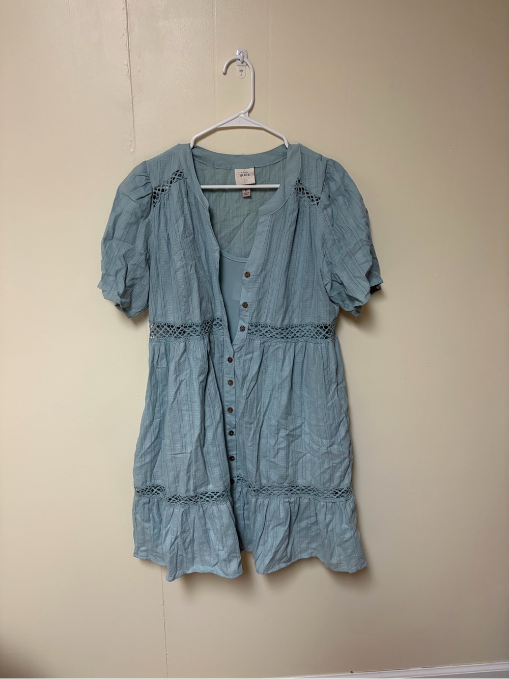 Cornflower Blue Button-Front Women’s Dress with Crochet Trim